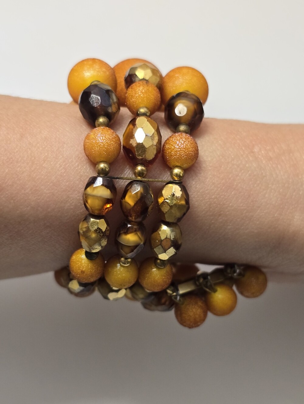 Amber and Gold Beaded Stretch Bracelet - Women Jewelry